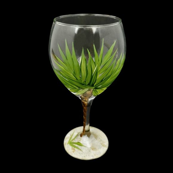 Hand Painted Palm Tree Stem Wine Glass Tropical Sand Beach Signed 8.5" - Picture 1 of 12